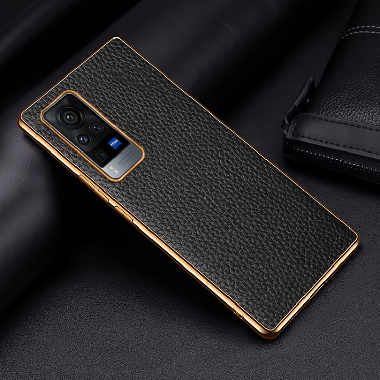 Plating Litchi Texture Genuine Leather + PC + TPU Hybrid Case for vivo X60 Pro 5G - Black-5