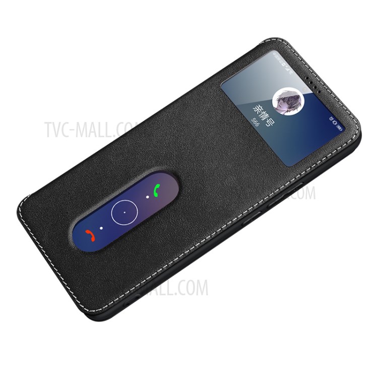 Dual Window Genuine Leather Stand Cover for vivo X60 Pro 5G Case - Black-1