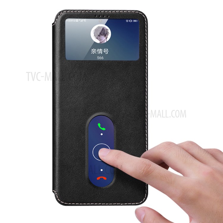 Dual Window Genuine Leather Stand Cover for vivo X60 Pro 5G Case - Black-2