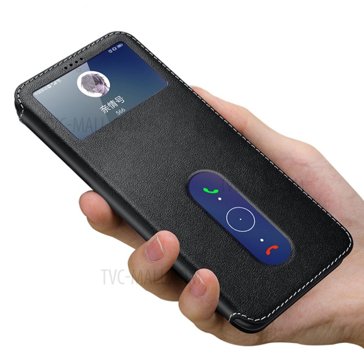 Dual Window Genuine Leather Stand Cover for vivo X60 Pro 5G Case - Black-3