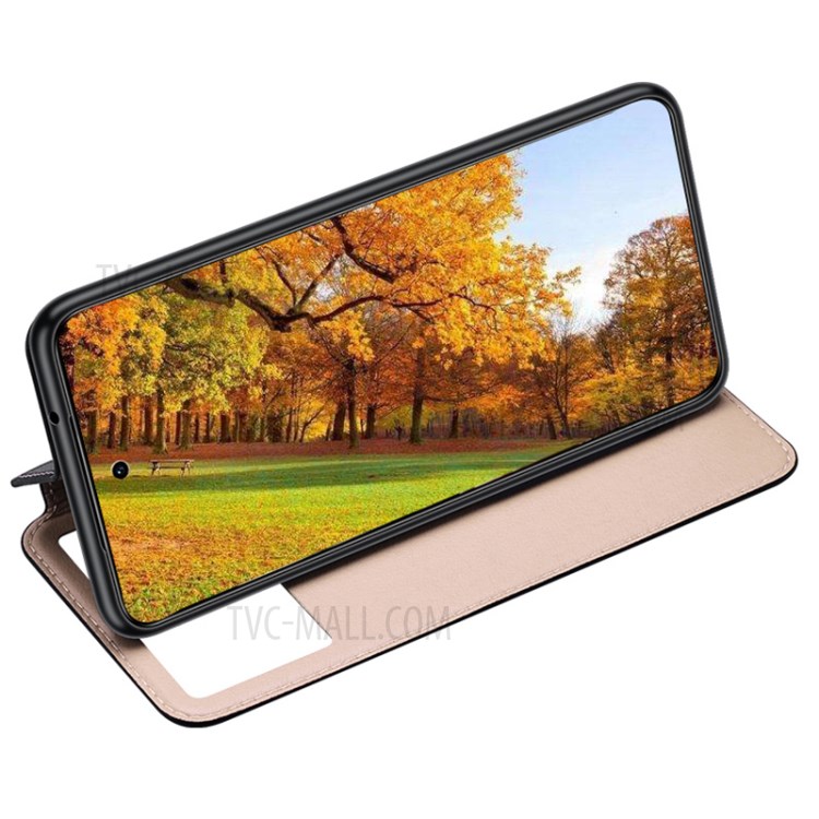 Dual Window Genuine Leather Stand Cover for vivo X60 Pro 5G Case - Black-4