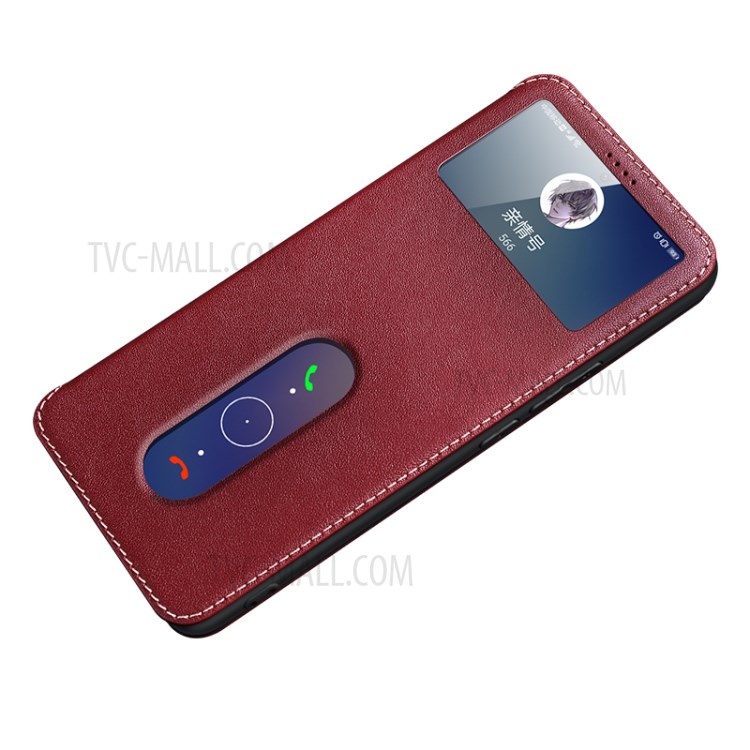 Dual Window Genuine Leather Stand Cover for vivo X60 Pro 5G Case - Red-1