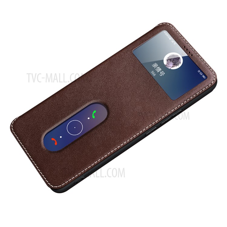 Dual Window Genuine Leather Stand Cover for vivo X60 Pro 5G Case - Brown-1