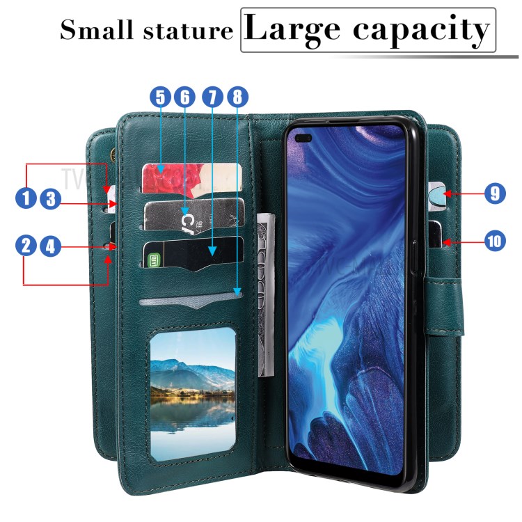 Quality Leather Wallet Design Cover Shell with Multi-function 10 Card Slots for Oppo Reno4 4G (Indian Version) - Green-13