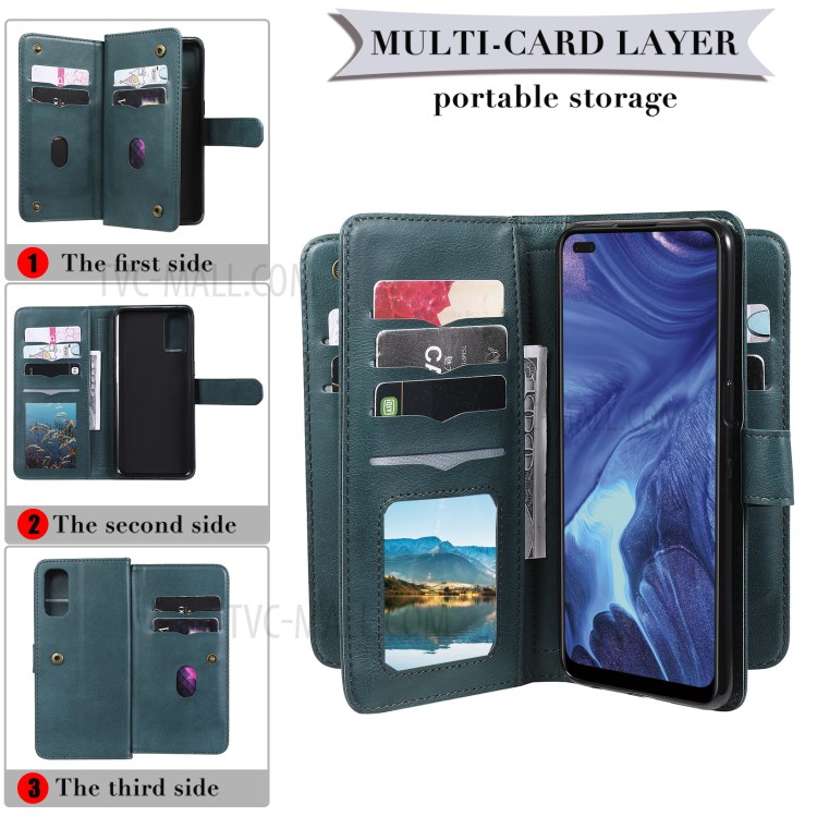Quality Leather Wallet Design Cover Shell with Multi-function 10 Card Slots for Oppo Reno4 4G (Indian Version) - Green-14
