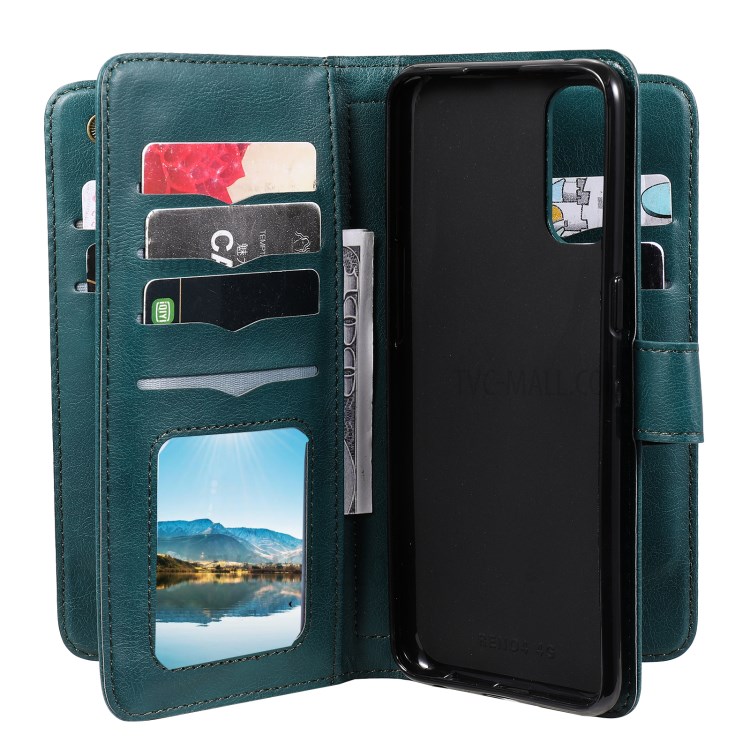 Quality Leather Wallet Design Cover Shell with Multi-function 10 Card Slots for Oppo Reno4 4G (Indian Version) - Green-22