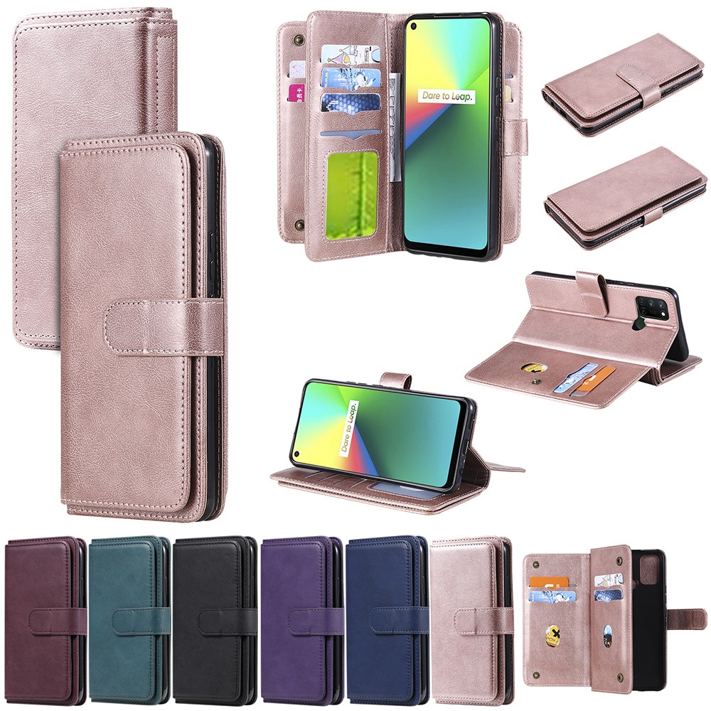 KT Multifuncional Serie-1 Calidad de Diseño de Billetera de Cuero de Calidad Con 10 Ranuras Para Tarjetas Para Realme 7i (Global) / Realme C17 - Oro Rosa-22