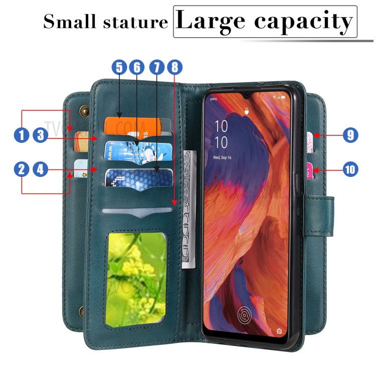 Quality Leather Wallet Design Cover Shell with Multi-function 10 Card Slots for Oppo F17 (4G) / Oppo A73 (4G) - Green-16