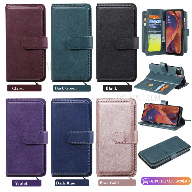 Quality Leather Wallet Design Cover Shell with Multi-function 10 Card Slots for Oppo F17 (4G) / Oppo A73 (4G) - Green-24