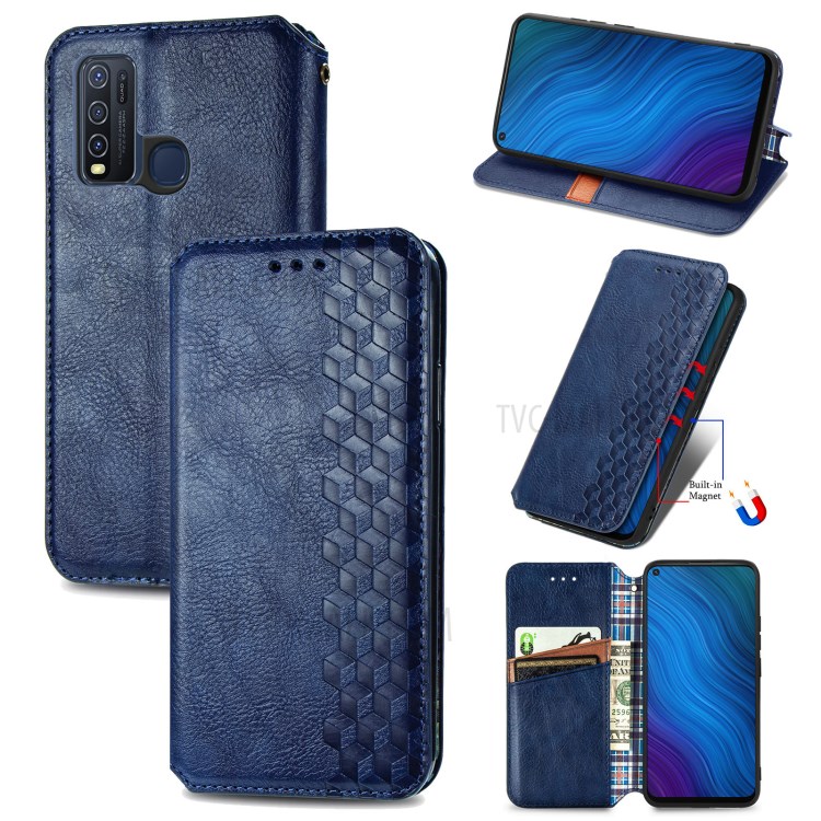 Fashionable Auto-absorbed Rhombus Texture PU Leather Wallet Phone Cover for vivo Y50 - Blue-1