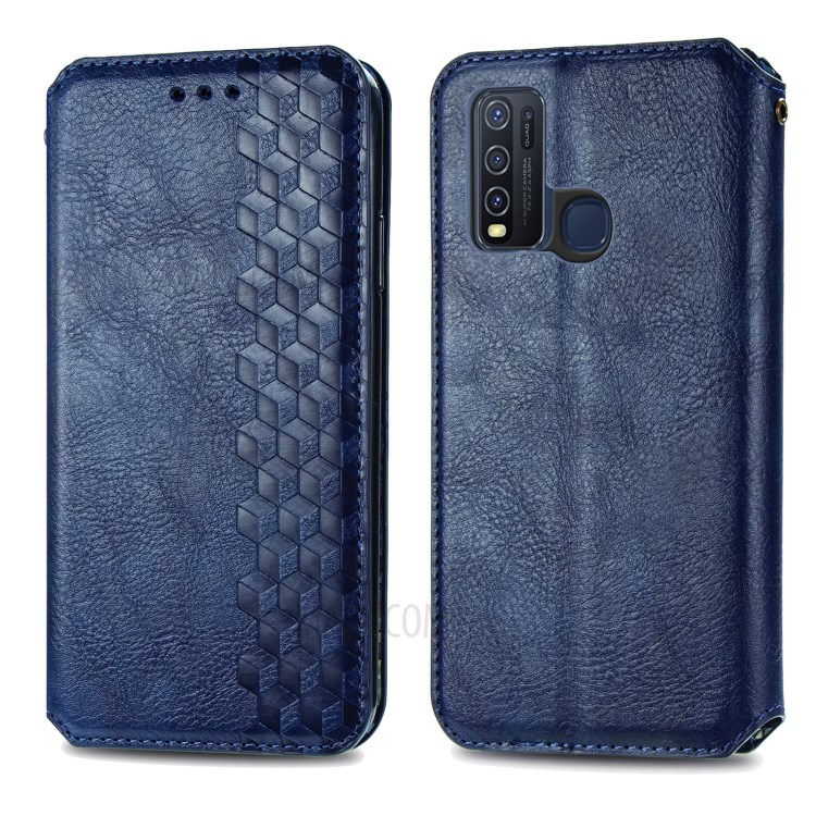 Fashionable Auto-absorbed Rhombus Texture PU Leather Wallet Phone Cover for vivo Y50 - Blue-2