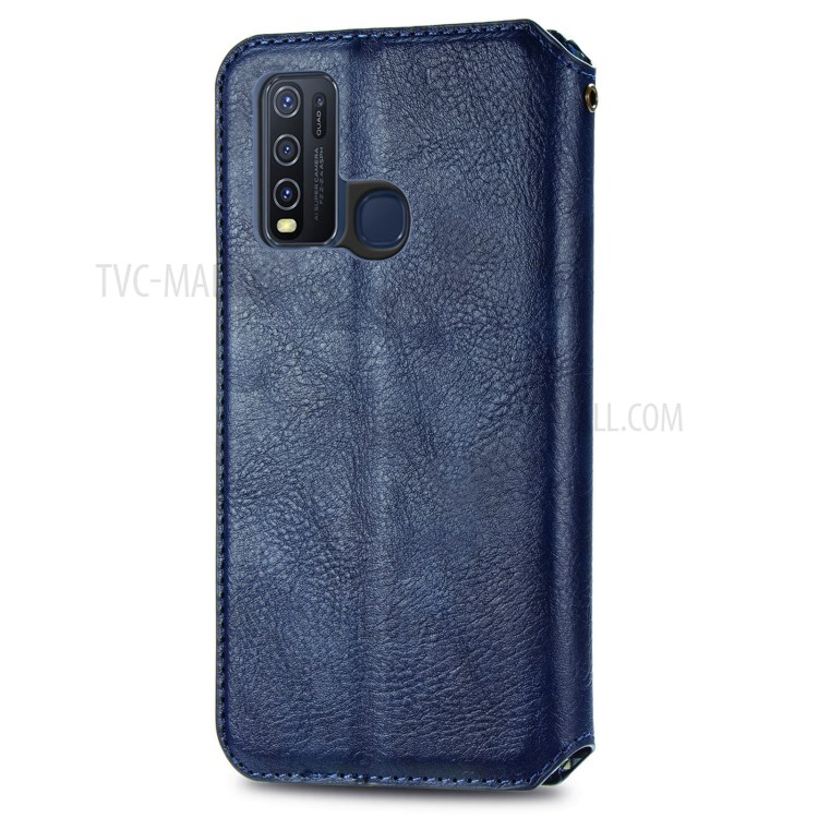 Fashionable Auto-absorbed Rhombus Texture PU Leather Wallet Phone Cover for vivo Y50 - Blue-4
