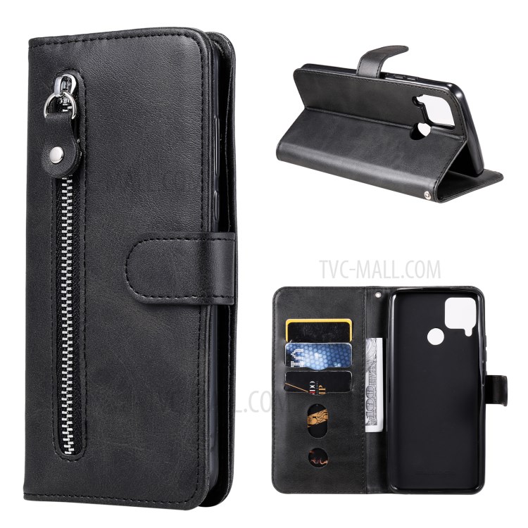 Zipper Pocket Leather Protector Wallet Stand Case for Realme C15/C12/Narzo 20/7i (Global) - Black-1
