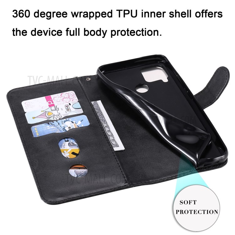 Zipper Pocket Leather Protector Wallet Stand Case for Realme C15/C12/Narzo 20/7i (Global) - Black-11