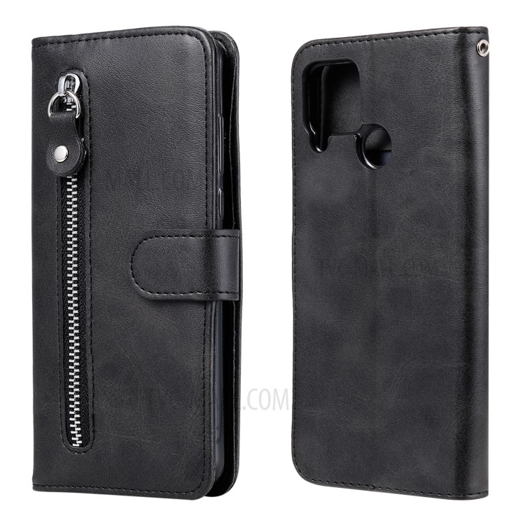 Zipper Pocket Leather Protector Wallet Stand Case for Realme C15/C12/Narzo 20/7i (Global) - Black-2