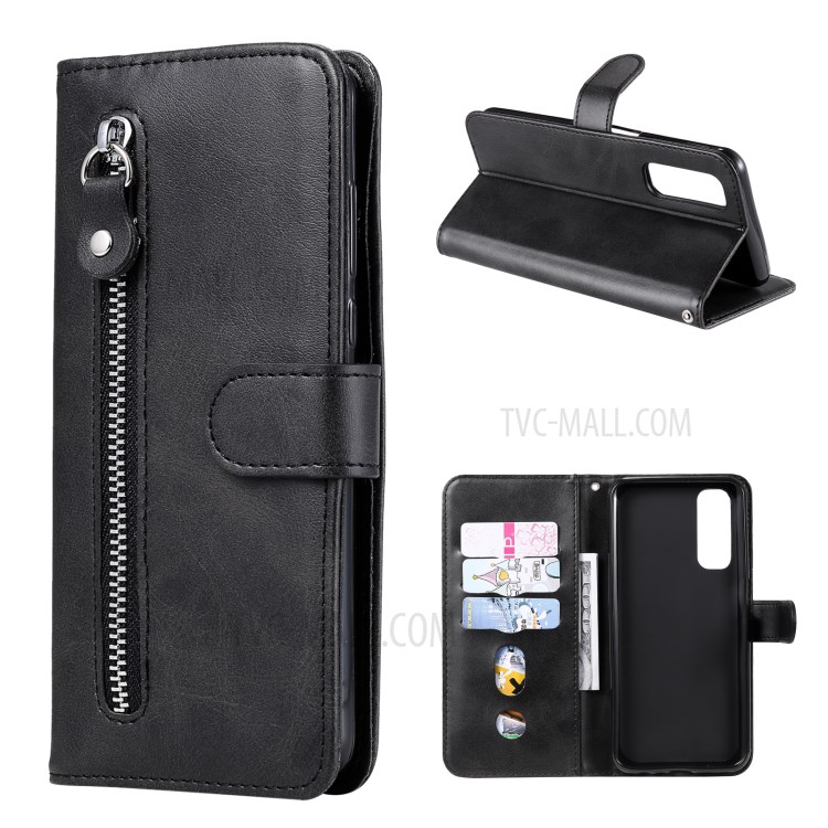 Zipper Pocket Leather Wallet Stand Case for Realme Narzo 20 Pro/Realme 7 (Asia) - Black-1