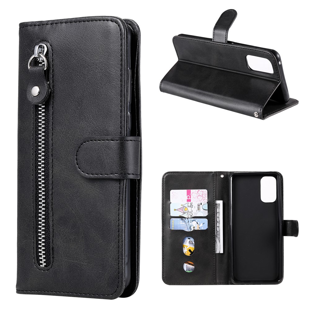 Zipper Pocket Leather Wallet Stand Case for Realme 7 Pro - Black-1