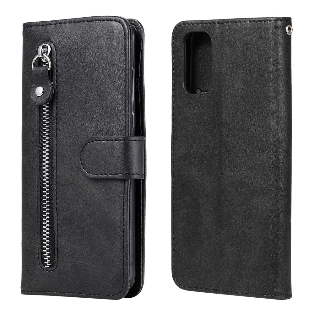 Zipper Pocket Leather Wallet Stand Case for Realme 7 Pro - Black-2