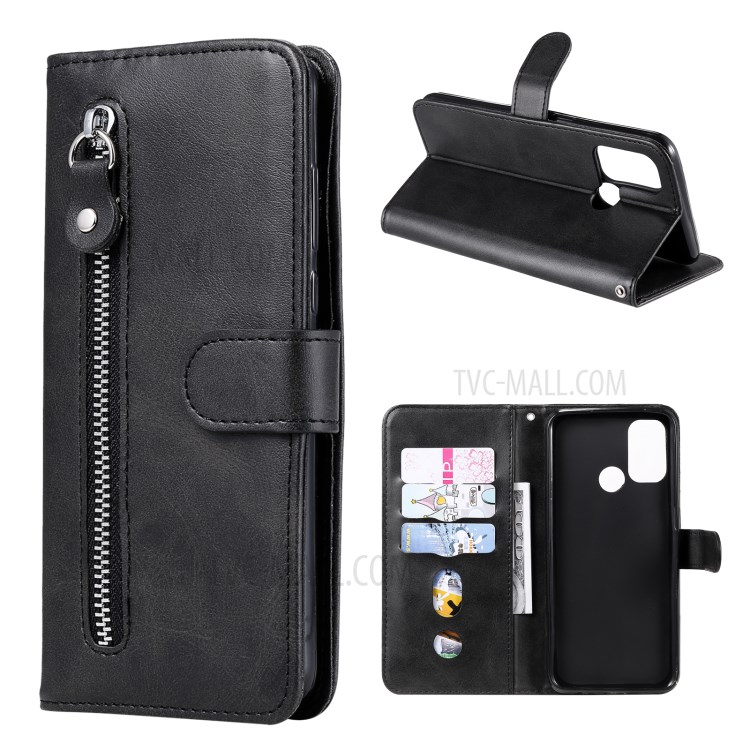 Zipper Pocket Leather Wallet Stand Case for Oppo A32 (2020) / A33 (2020) / A53s / A53 (2020) - Black-1