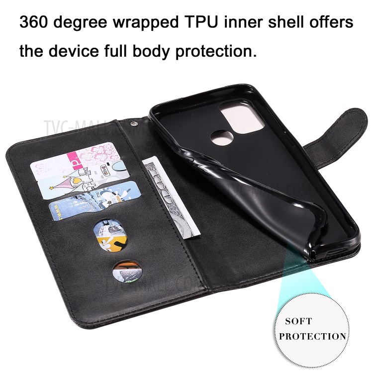 Zipper Pocket Leather Wallet Stand Case for Oppo A32 (2020) / A33 (2020) / A53s / A53 (2020) - Black-11