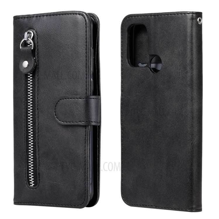Zipper Pocket Leather Wallet Stand Case for Oppo A32 (2020) / A33 (2020) / A53s / A53 (2020) - Black-2