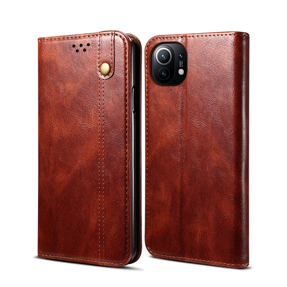 Oil Wax Surface PU Leather+TPU Wallet Stand Mobile Phone Cover for Xiaomi Mi 11 - Red-1