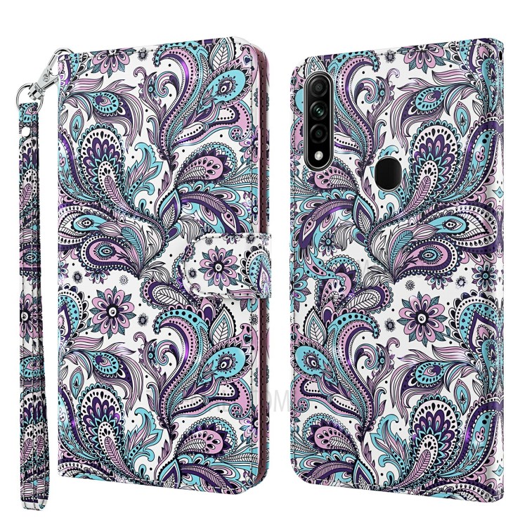 3D Painted Leather Phone Case Shell Wallet Card Holder Stand for Oppo A31 2020 / A8 2020 - Peacock Tail-1