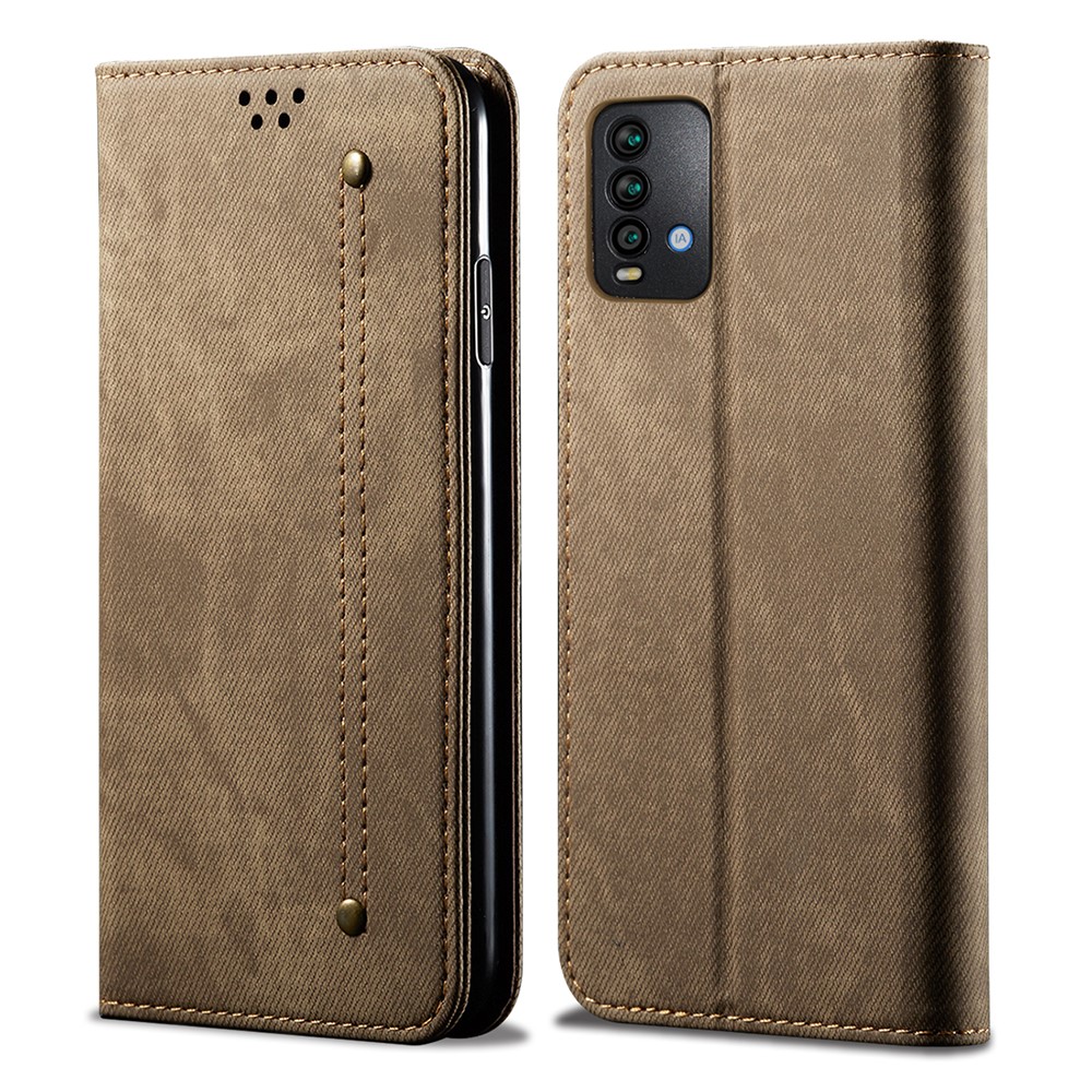 Precise Cut-Out Jeans Cloth Texture Leather Wallet Stand Case for Xiaomi Redmi Note 9 4G (Qualcomm Snapdragon 662) - Khaki-1