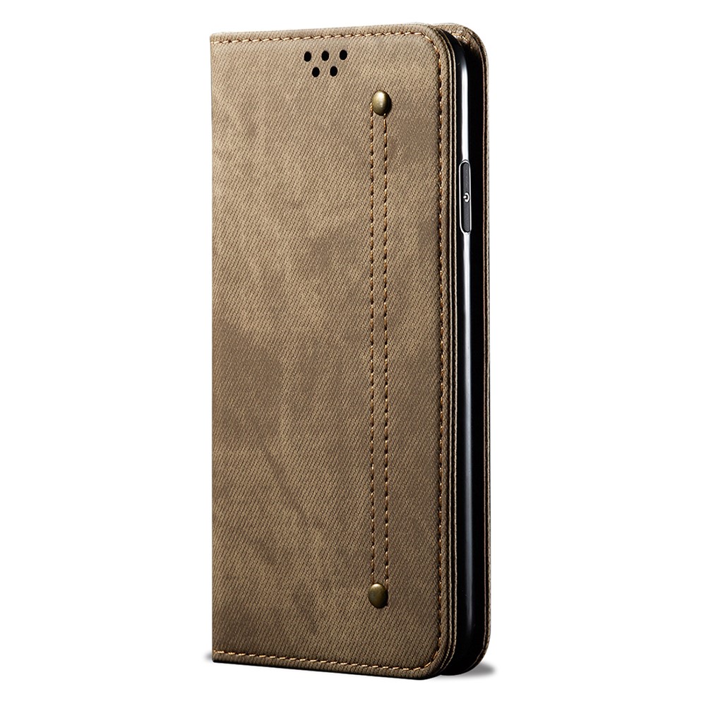 Precise Cut-Out Jeans Cloth Texture Leather Wallet Stand Case for Xiaomi Redmi Note 9 4G (Qualcomm Snapdragon 662) - Khaki-2
