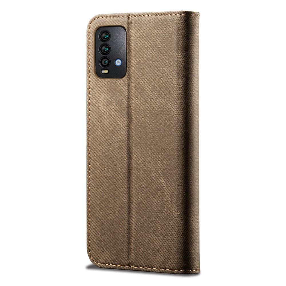 Precise Cut-Out Jeans Cloth Texture Leather Wallet Stand Case for Xiaomi Redmi Note 9 4G (Qualcomm Snapdragon 662) - Khaki-3