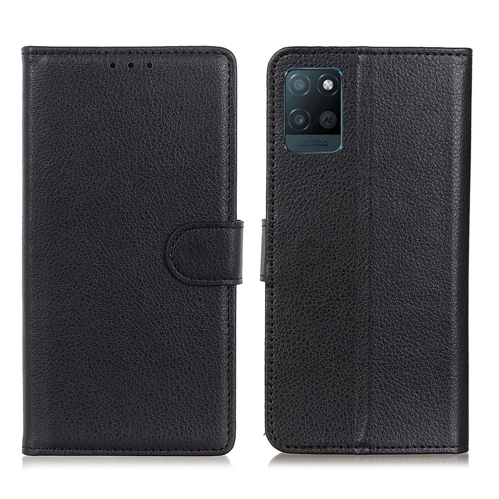 Litchi Skin Folio Flip Leather Case Protective Shell with Wallet Stand Design for Realme V15 5G - Black-1