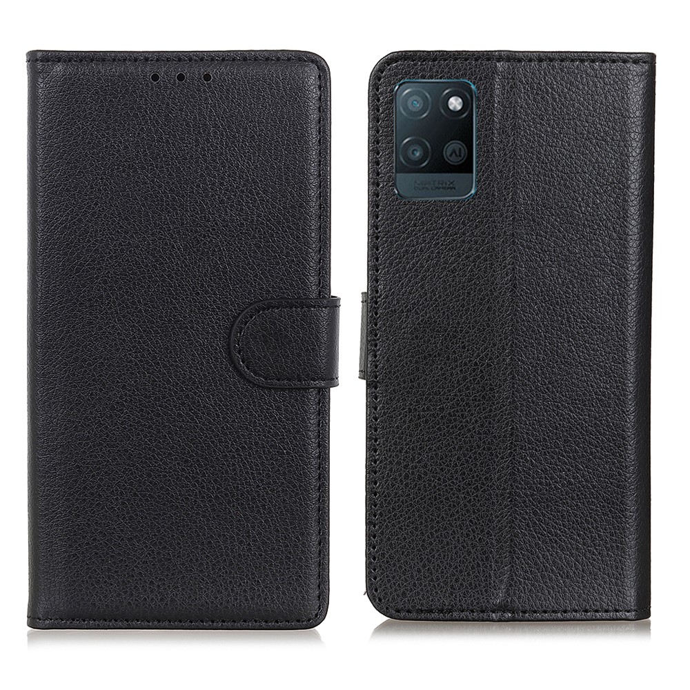 Litchi Skin Folio Flip Leather Case Protective Shell with Wallet Stand Design for Realme V11 5G - Black-1