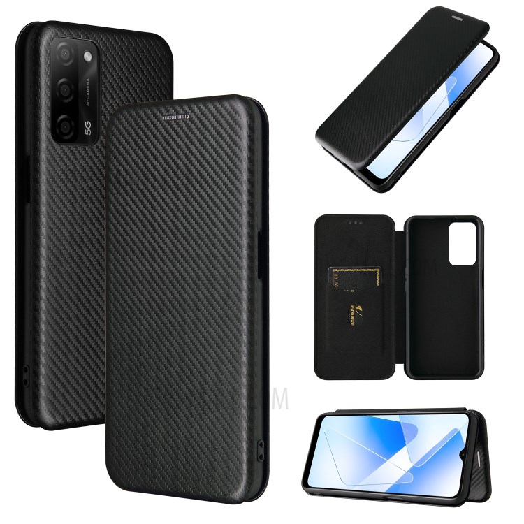 Auto-absorbed Stand Carbon Fiber Texture Leather Shell Cover for Oppo A55 5G - Black-9