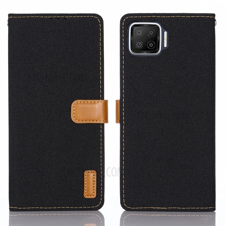 Jeans Cloth Wallet PU Leather Stand Protector Case for Oppo A73 - Black-1