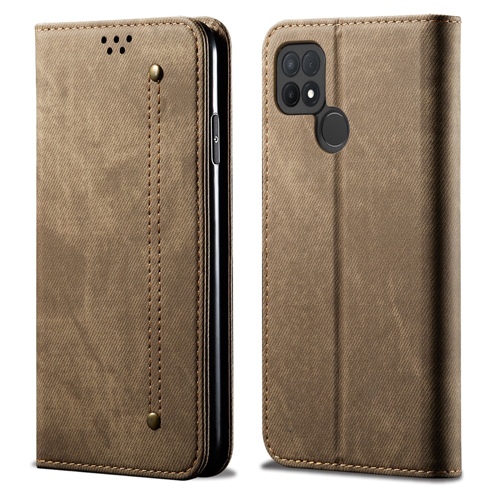 Wallet Stand Design Jeans Cloth Texture Leather Case for OPPO A15 - Khaki-1