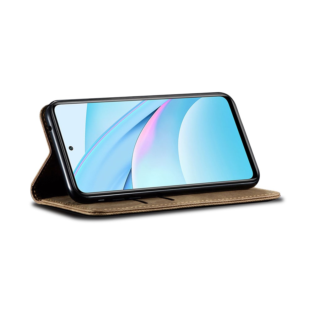 Wallet Stand Design Jeans Cloth Texture Leather Case for OPPO A15 - Khaki-5