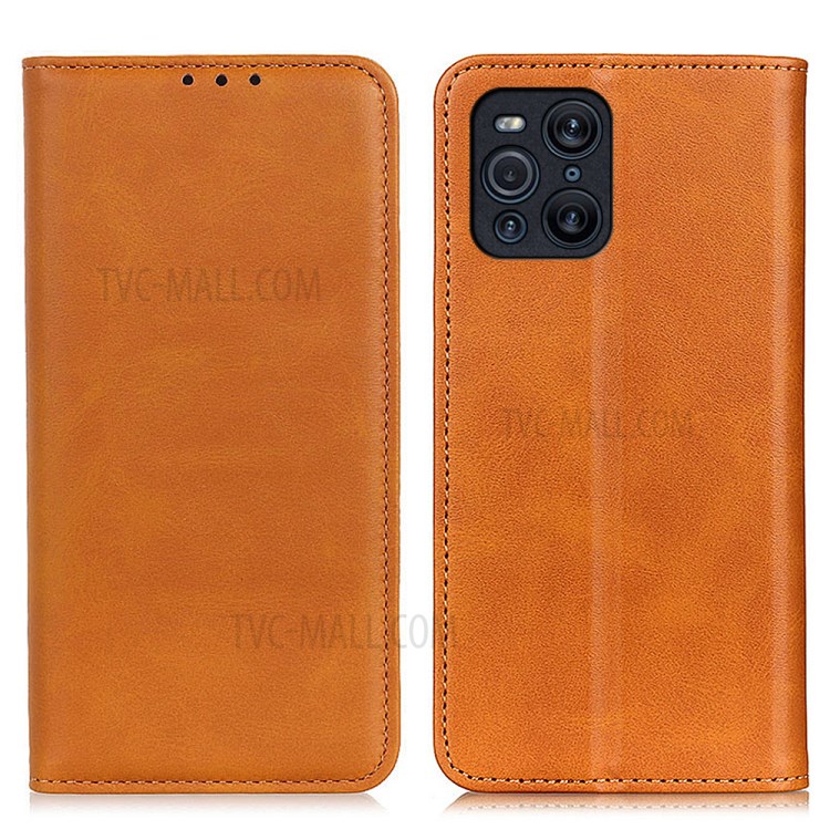Auto-absorbed Design Split Leather Wallet Phone Cover for Oppo Find X3/X3 Pro Stand Shell - Yellow-1