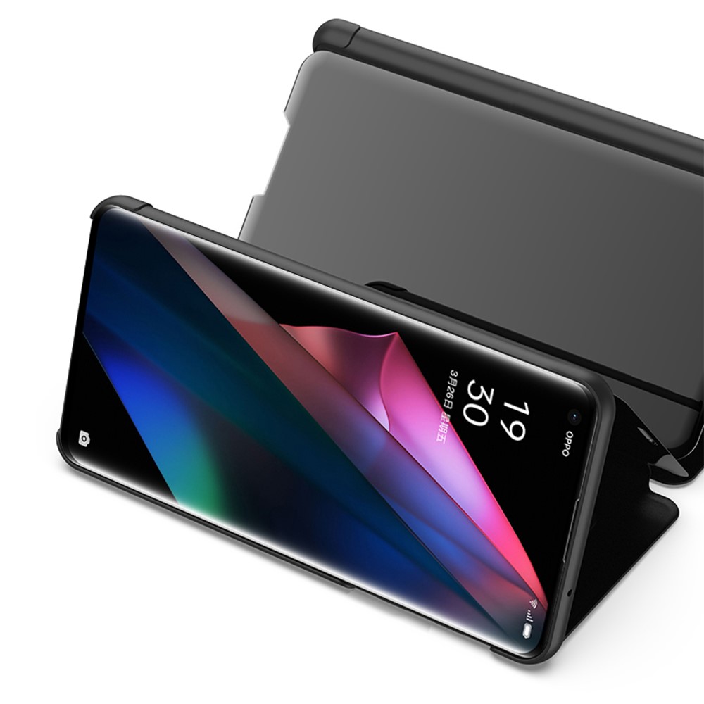 Plated Mirror Surface View Window Leather Phone Case Stand for OPPO Find X3/X3 Pro - Black-6