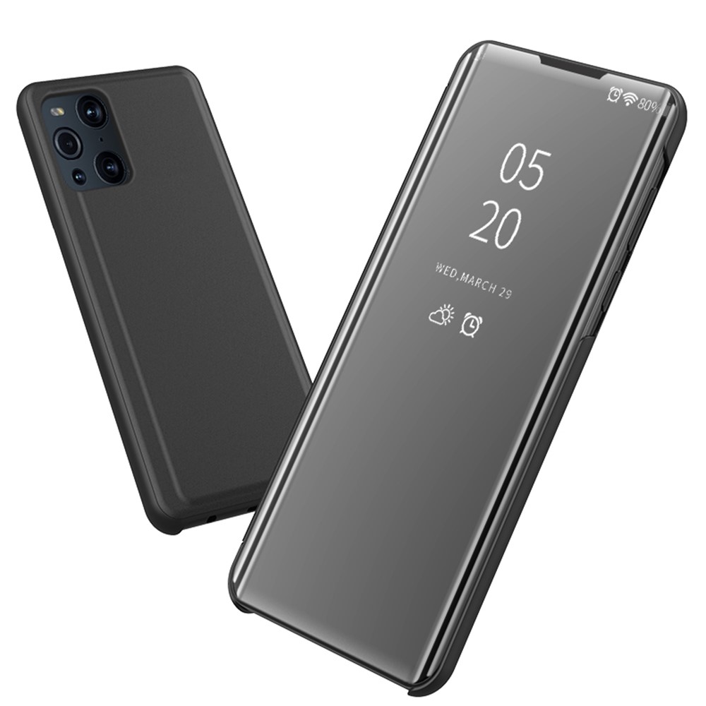 Plated Mirror Surface View Window Leather Phone Case Stand for OPPO Find X3/X3 Pro - Black-7