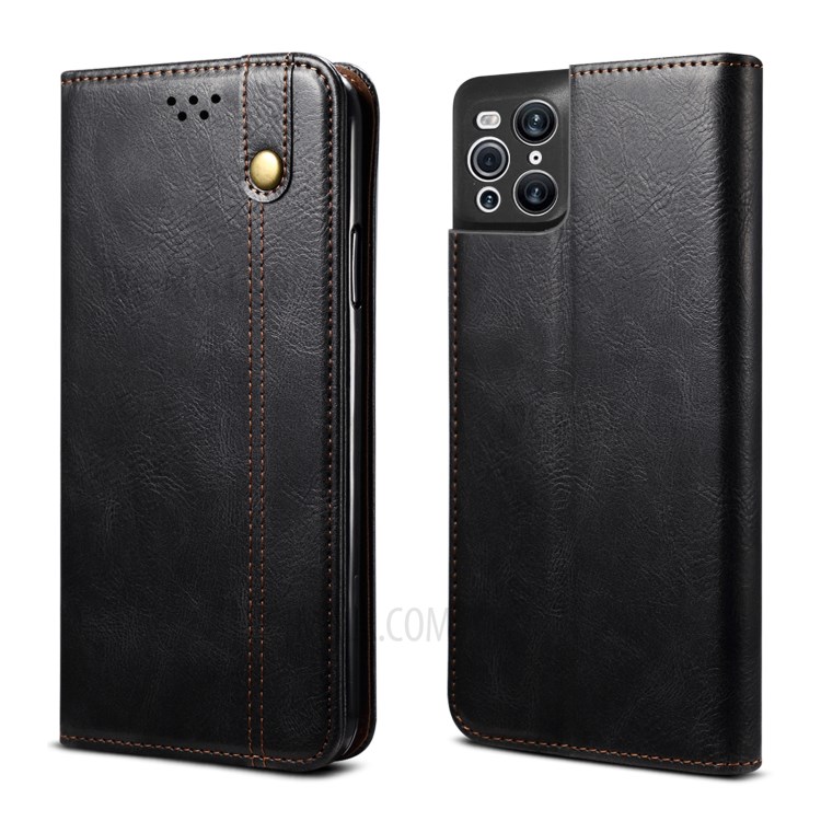 Oil Wax Surface PU Leather+TPU Wallet Stand Phone Cover for Oppo Find X3 Pro / Oppo Find X3 - Black-1