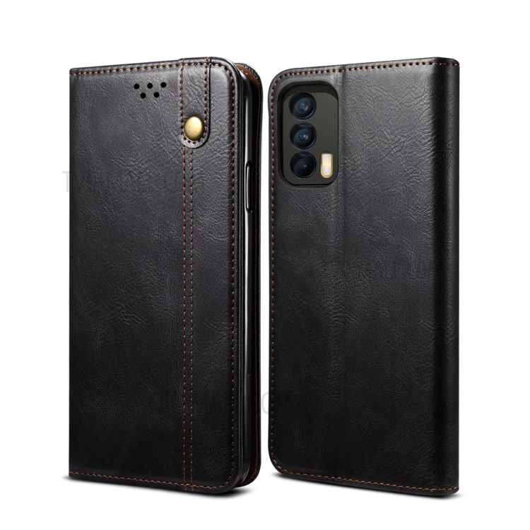 Oil Wax Surface PU Leather+TPU Wallet Stand Phone Cover for Realme V15 5G - Black-1