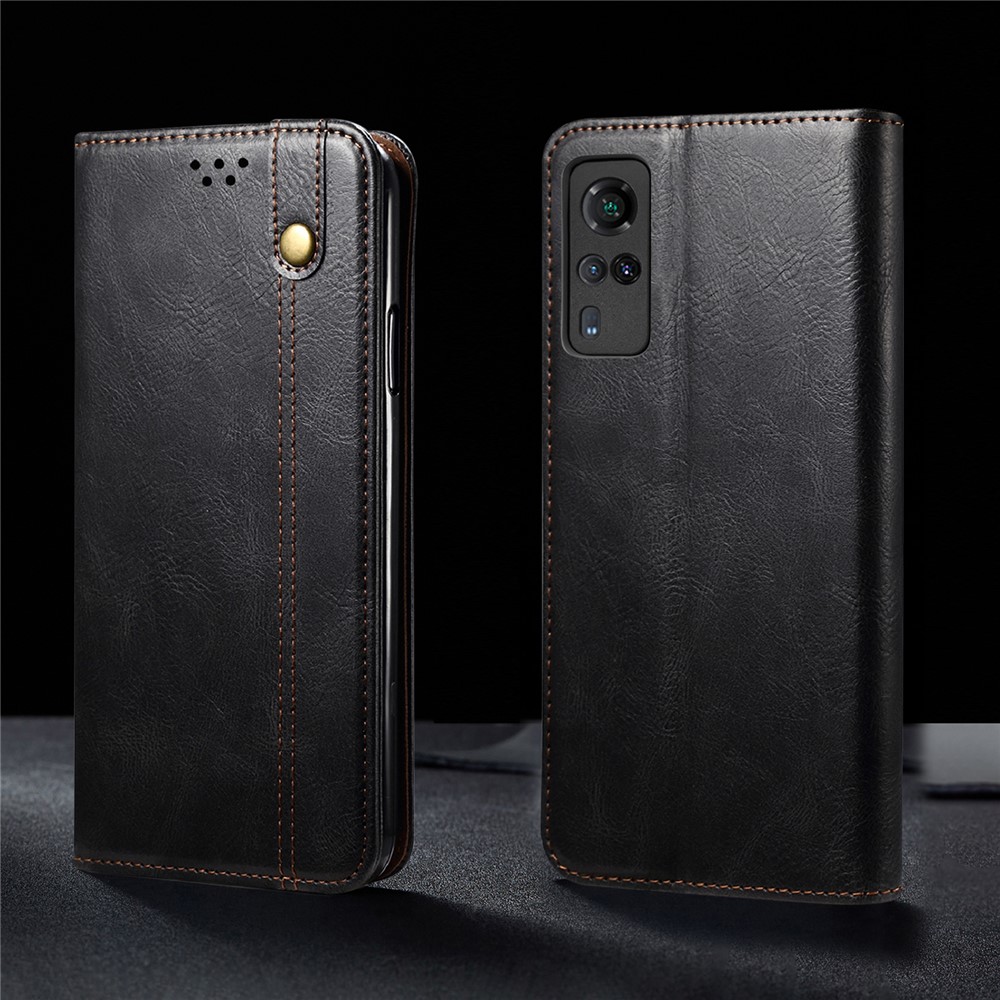 Oil Wax Surface PU Leather+TPU Wallet Stand Phone Cover for vivo Y51 (2020) / vivo Y31 (2021) - Black-1