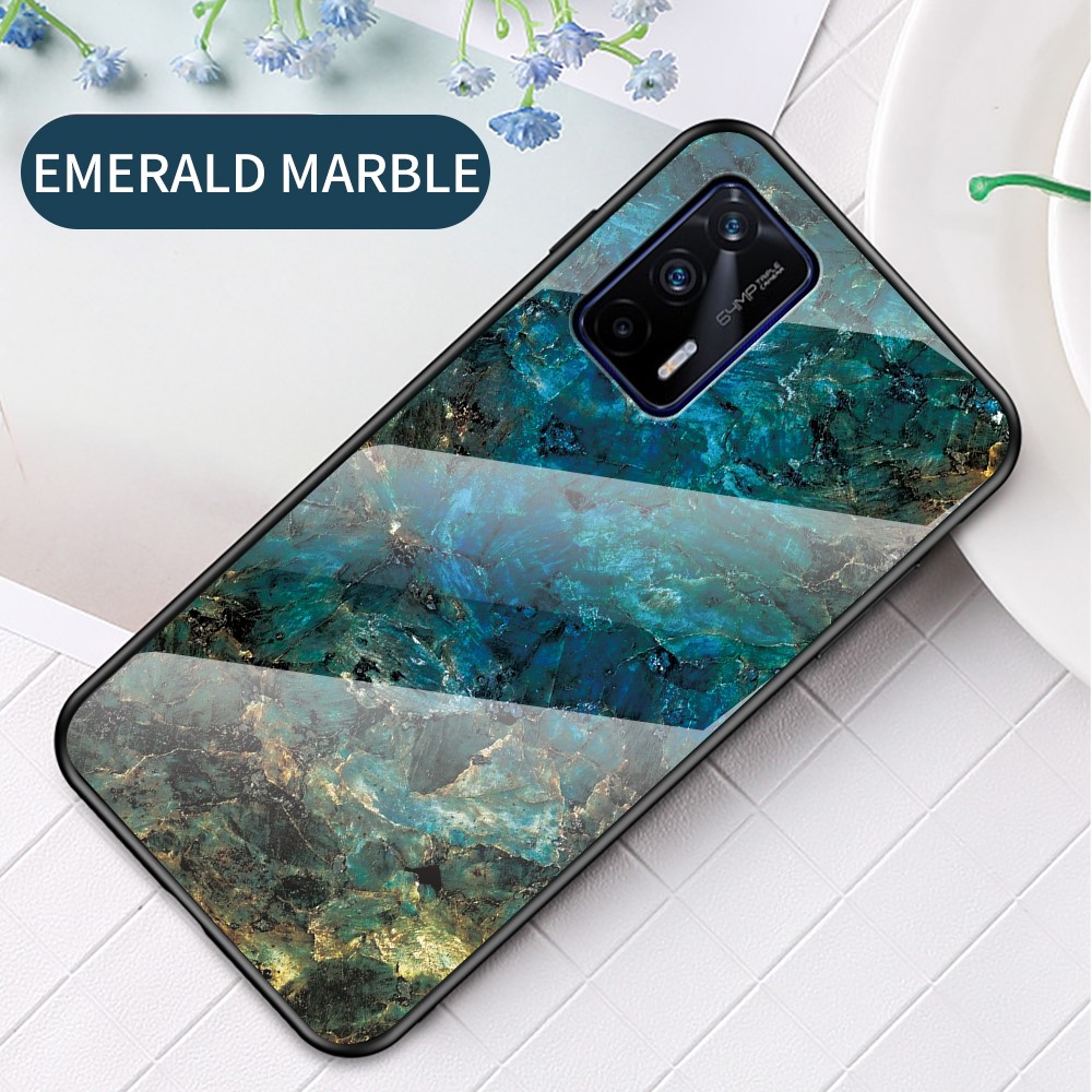 Anti-Scratch Tempered Glass Marbling Pattern Design Cell Phone Cover for Realme GT 5G - Emerald Marble-2