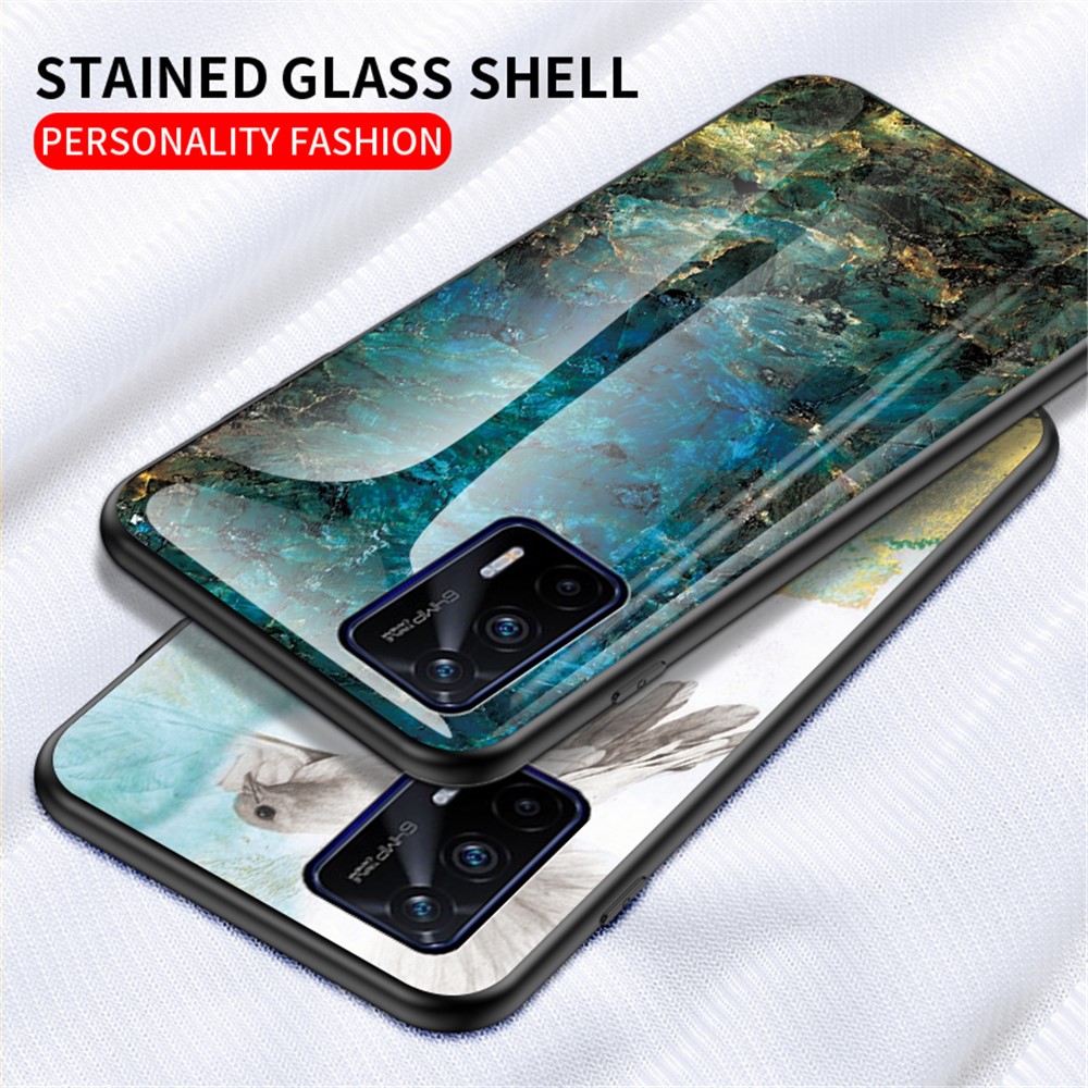 Anti-Scratch Tempered Glass Marbling Pattern Design Cell Phone Cover for Realme GT 5G - Emerald Marble-3
