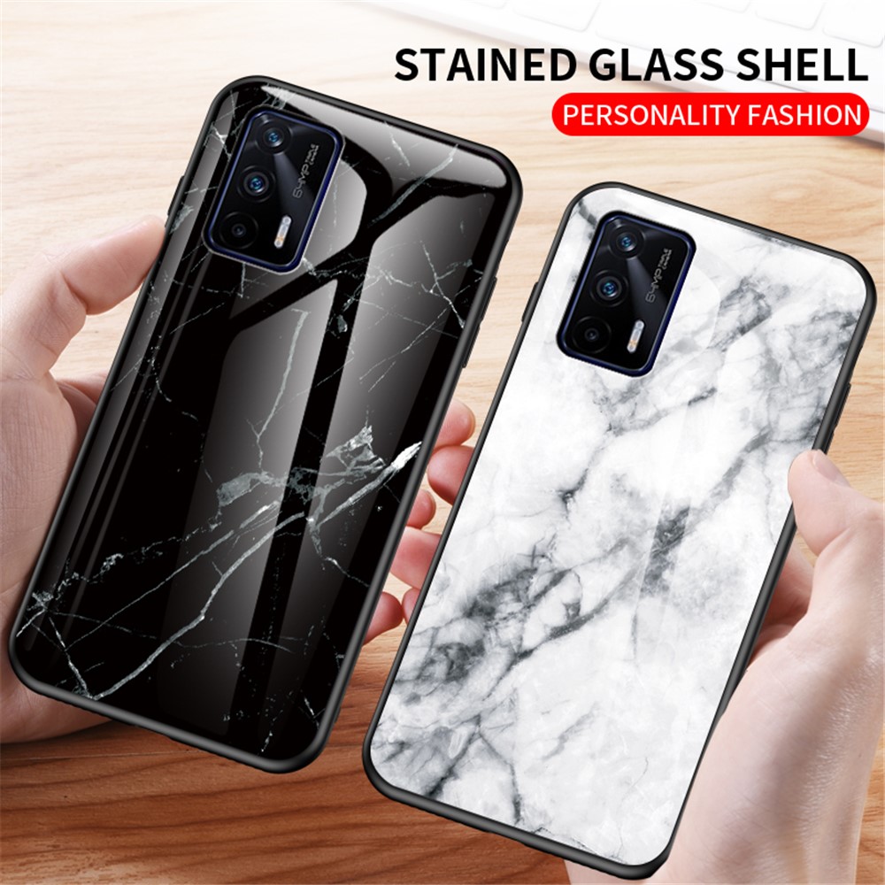 Anti-Scratch Tempered Glass Marbling Pattern Design Cell Phone Cover for Realme GT 5G - Emerald Marble-5