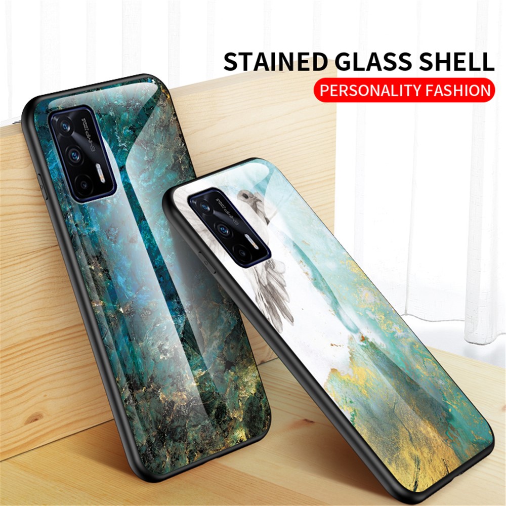 Anti-Scratch Tempered Glass Marbling Pattern Design Cell Phone Cover for Realme GT 5G - Emerald Marble-6