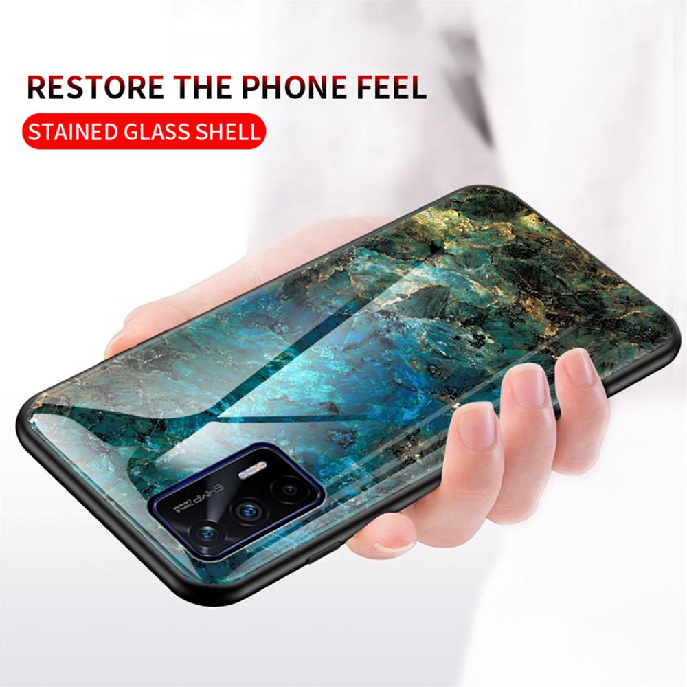 Anti-Scratch Tempered Glass Marbling Pattern Design Cell Phone Cover for Realme GT 5G - Emerald Marble-7