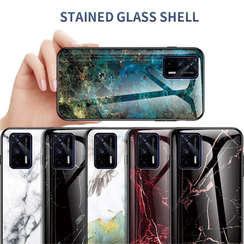 Anti-Scratch Tempered Glass Marbling Pattern Design Cell Phone Cover for Realme GT 5G - Emerald Marble-8