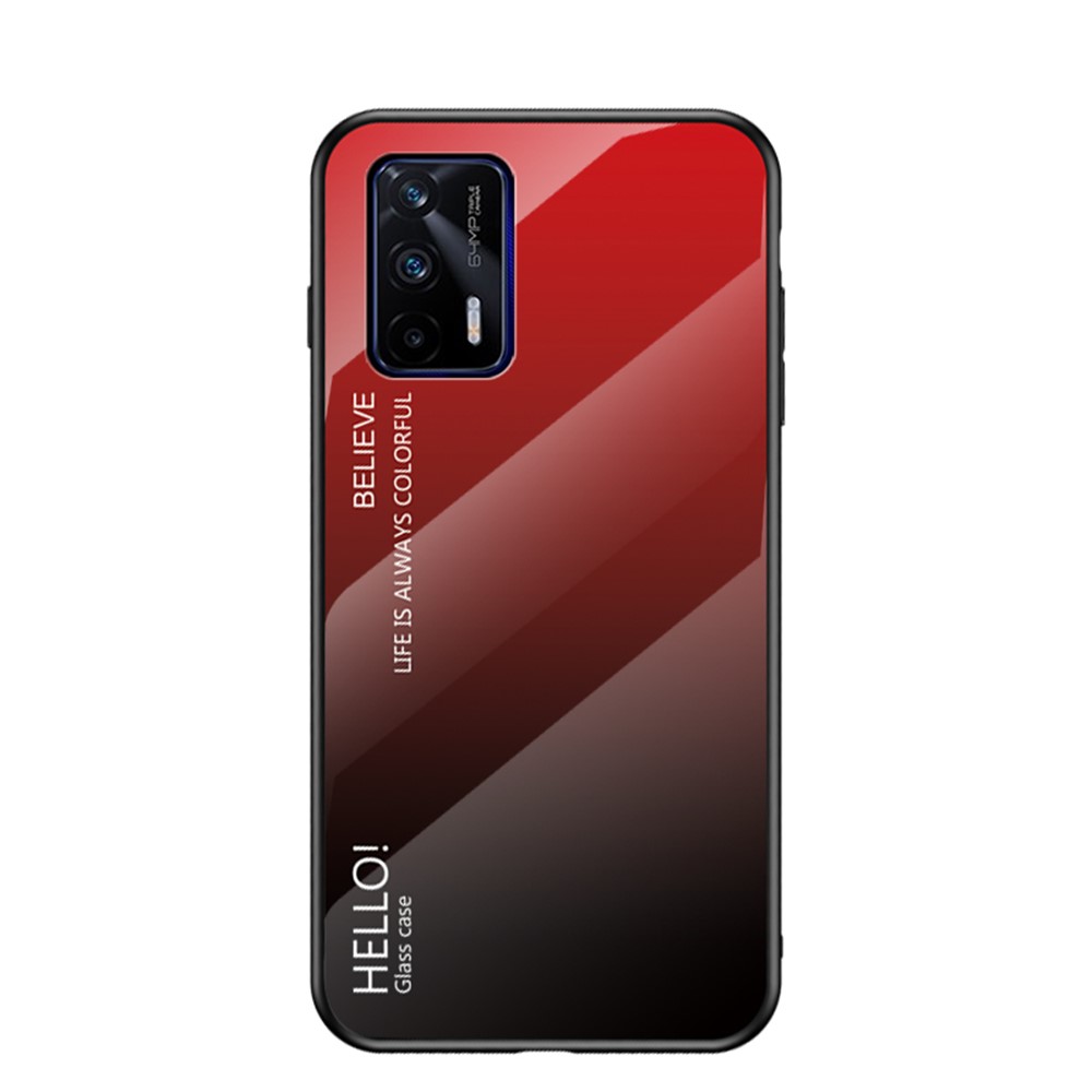 Color Gradient Design Anti-Scratch Tempered Glass + TPU Frame Cell Phone Back Case for Realme GT 5G - Red/Black-1