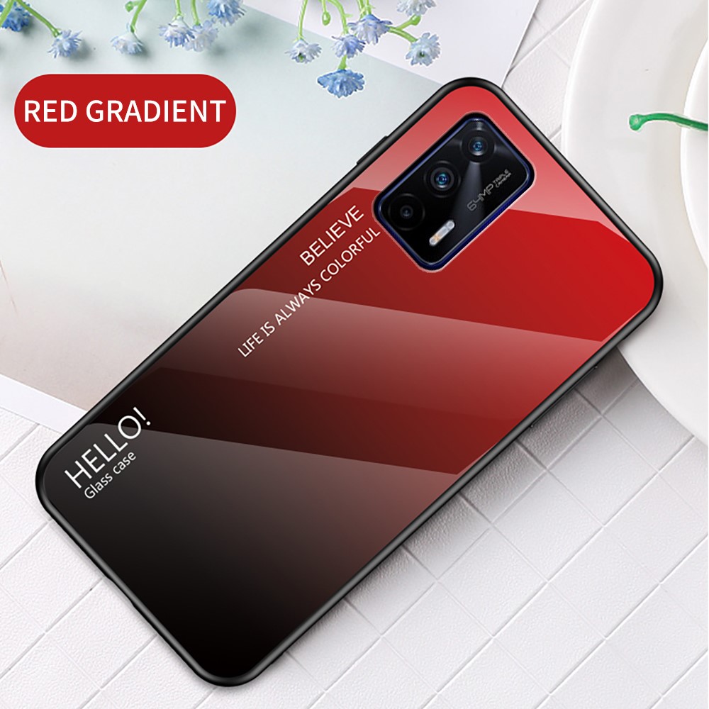 Color Gradient Design Anti-Scratch Tempered Glass + TPU Frame Cell Phone Back Case for Realme GT 5G - Red/Black-2